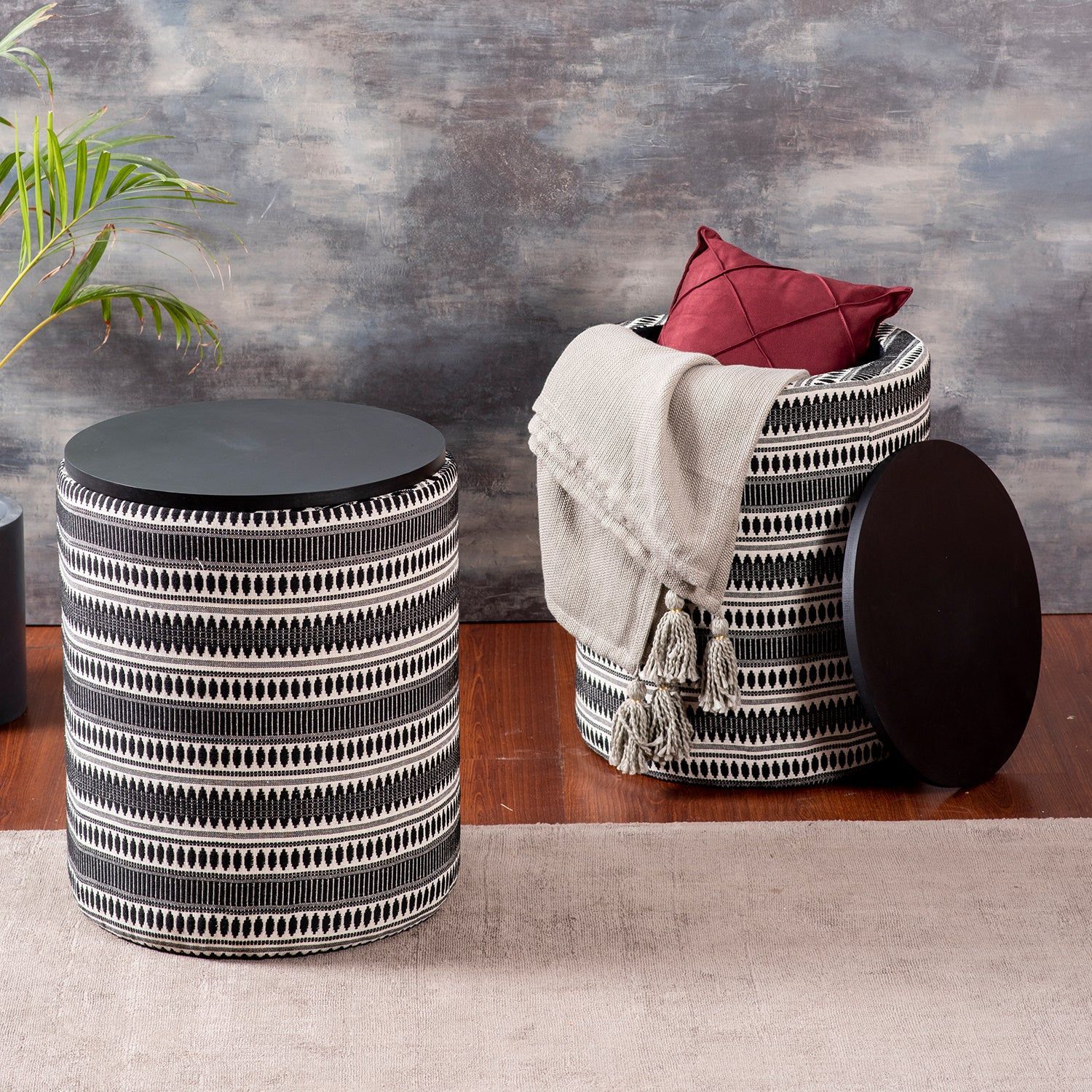 Bohemian Jacquard Wooden Storage Ottoman in Black & White Set of 2