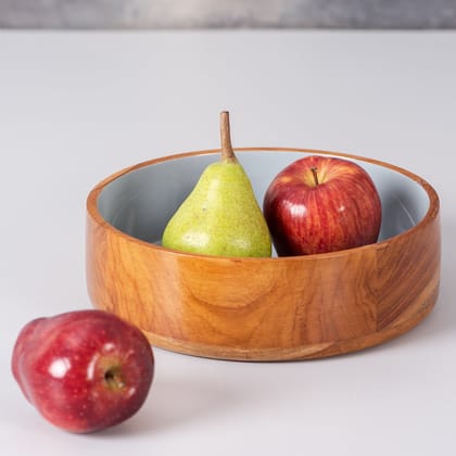 Rum Flat Teak Wood with Enamel Serving Bowl - Grey