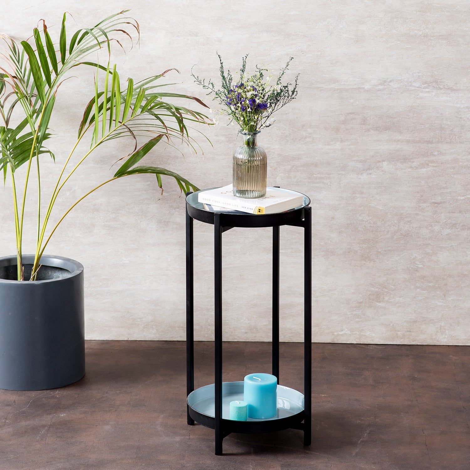 Contemporary Metallic tiered End Table in Blue & Black Color