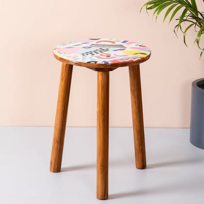 Hugo Teak Wood Printed Side Table in Multicolor