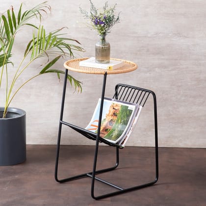 Rattan Metallic Magazine End Table in Black Color