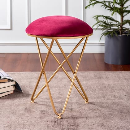 Lush Velvet Cross Metallic Stool in Maroon Color