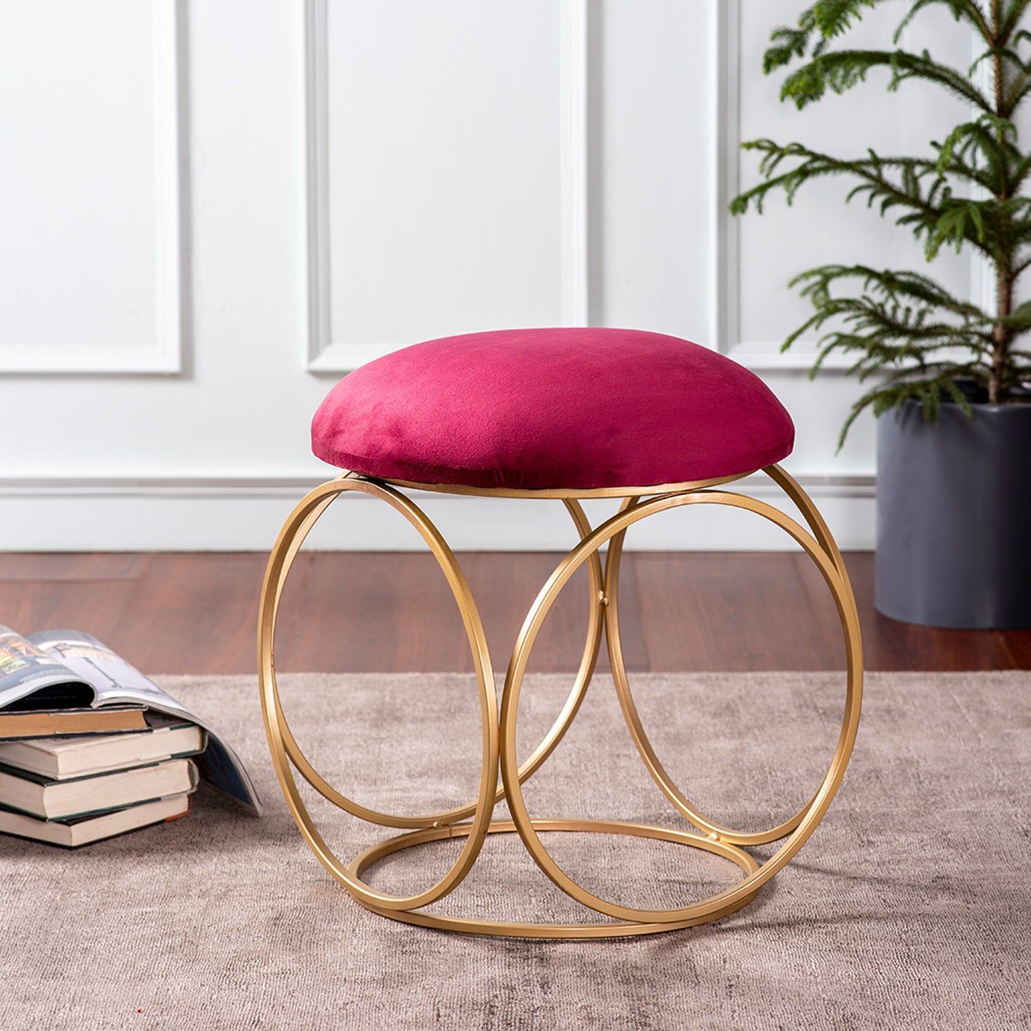 Lush Velvet Ring Metallic Stool in Maroon Color