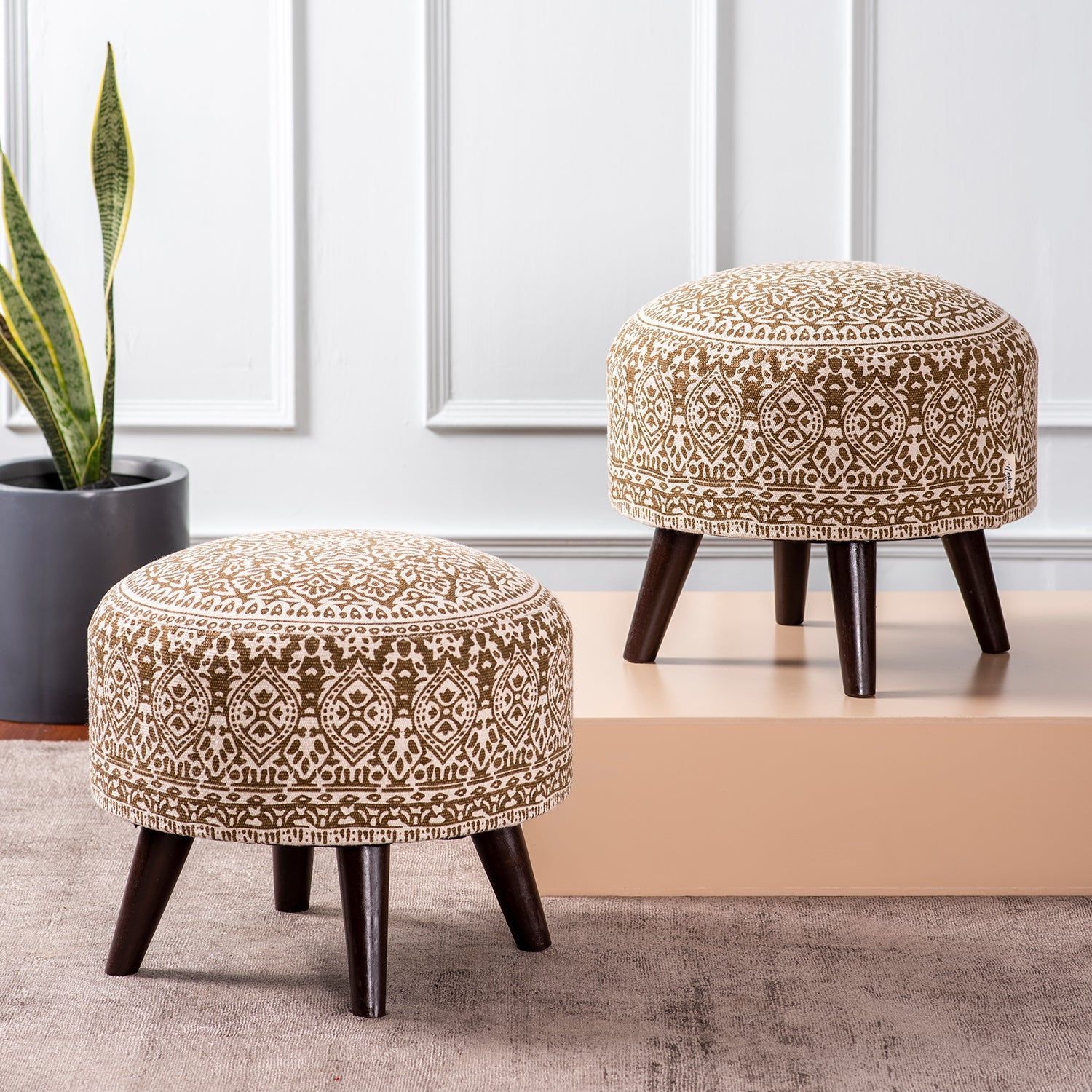 Mandala Fabric Wooden Ottoman in Yellow Color Set of 2