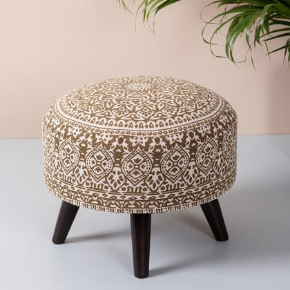 Mandala Fabric Wooden Ottoman in Yellow Color