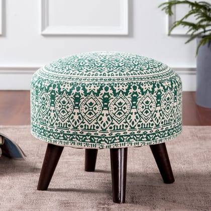 Mandala Fabric Wooden Ottoman in Green Color