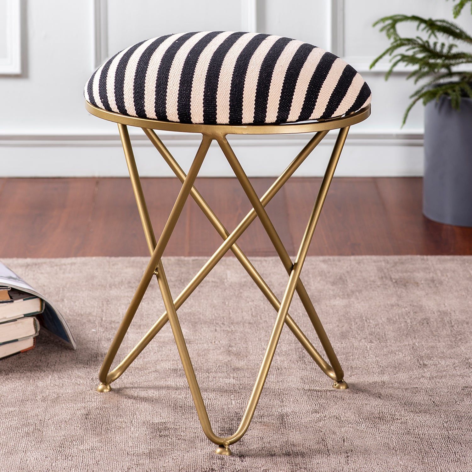 Zebra Fabric Cross Metallic Stool in Black & White Color