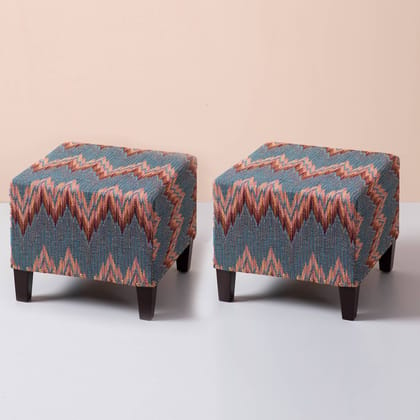 Crest Jacquard Wooden Seating Stool in Blue Color Set of 2