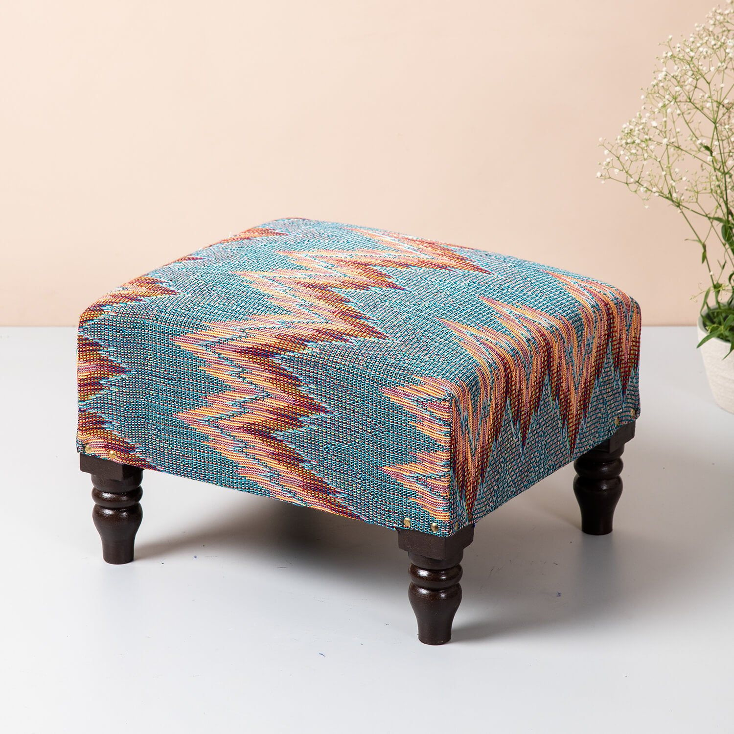 Crest Jacquard Wooden Foot Stool in Blue Color Set of 2