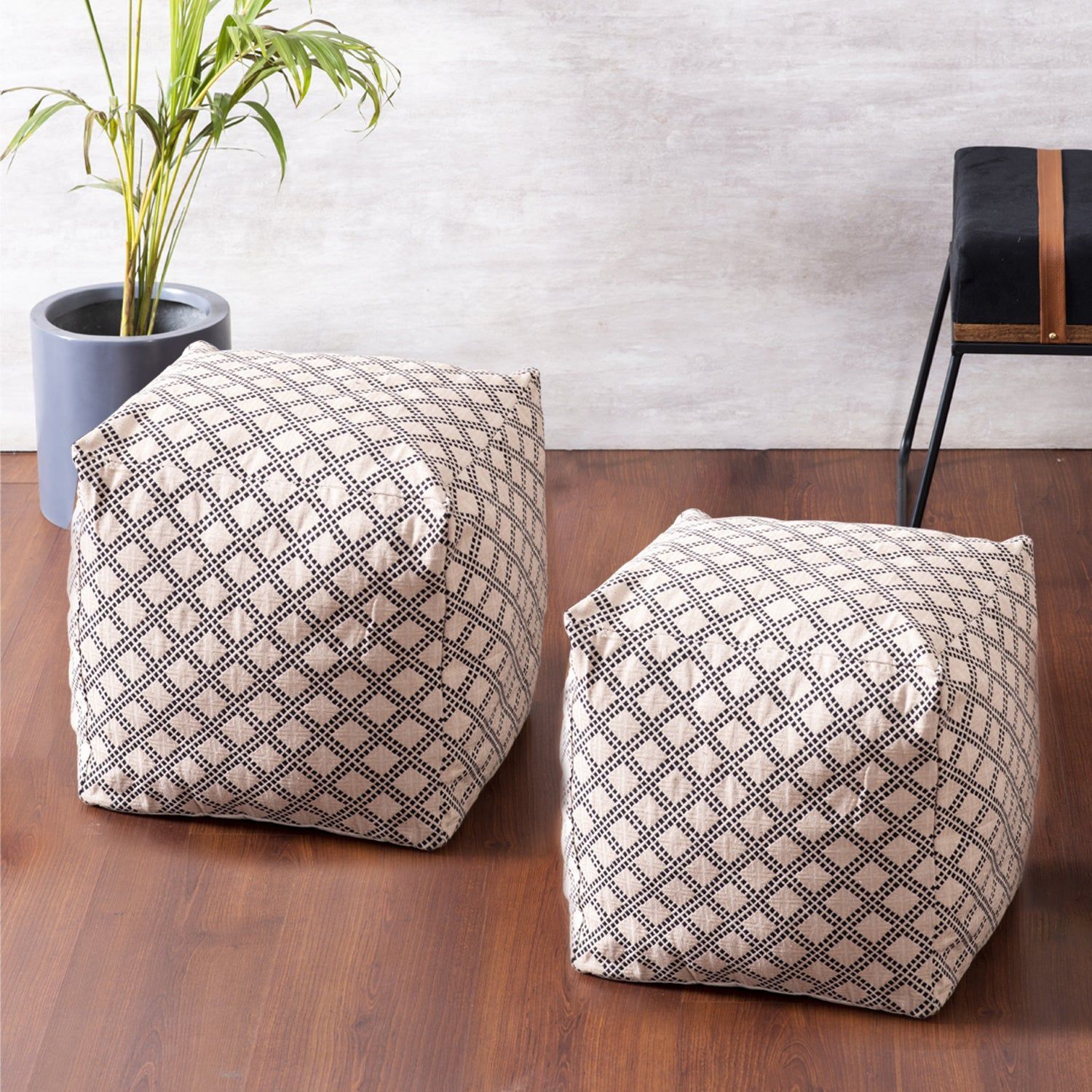 White Criss Cross Pouf with filler Set of 2