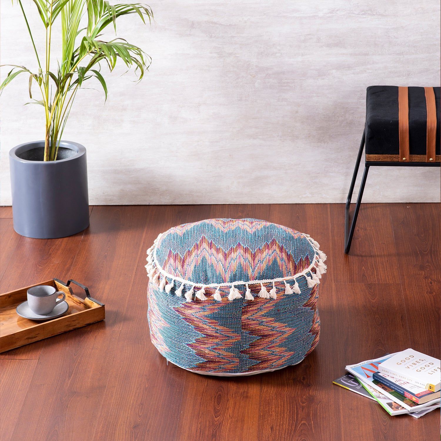 Blue Zig Zag Pouf with filler