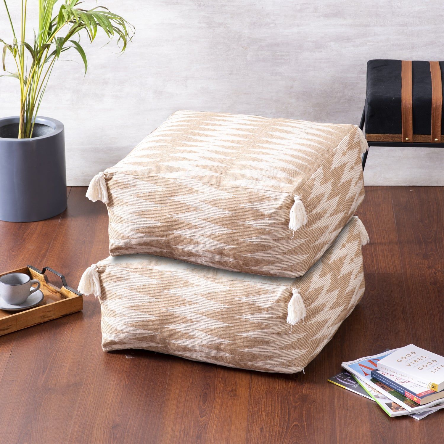 Crest Jacquard Pouf in Beige Color Set of 2