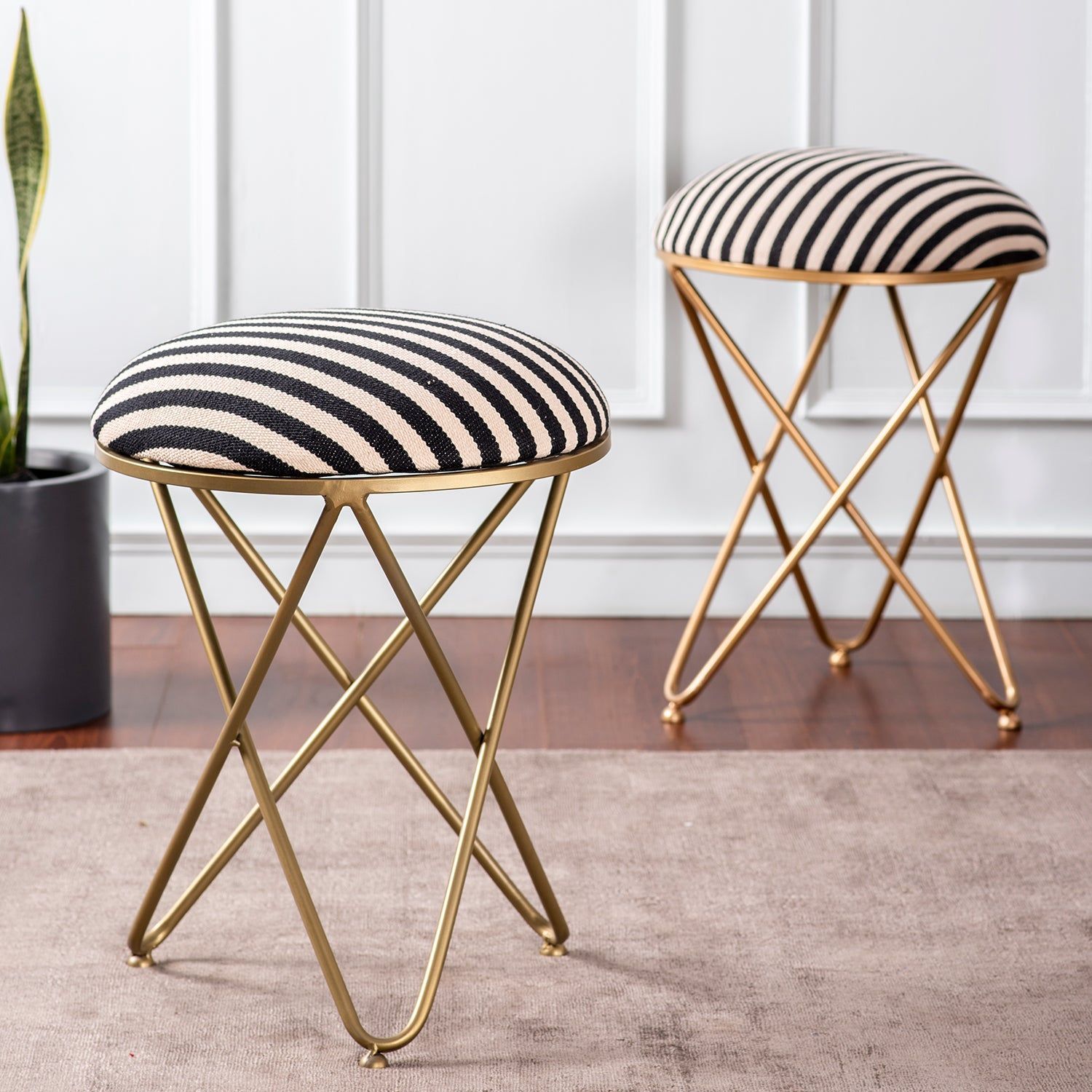 Zebra Fabric Cross Metallic Stool in Black & White Color Set of 2