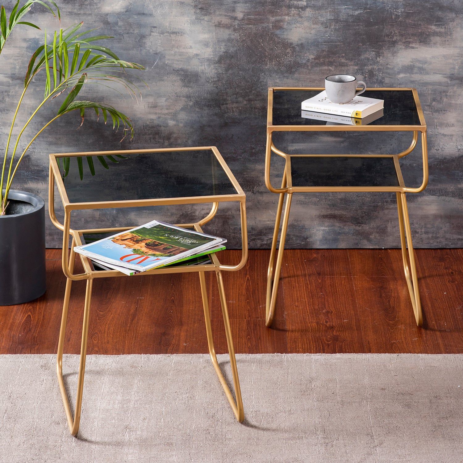 Contemporary Metallic tiered End Table in Gold Color Set of 2