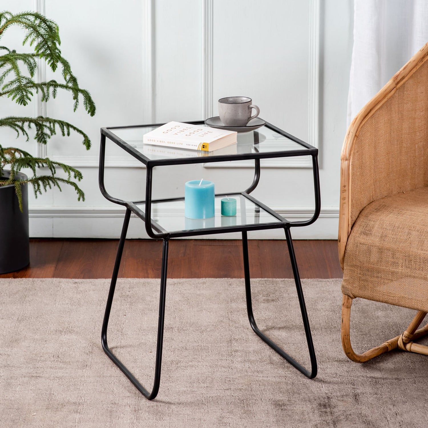 Contemporary Metallic tiered End Table in Black Color