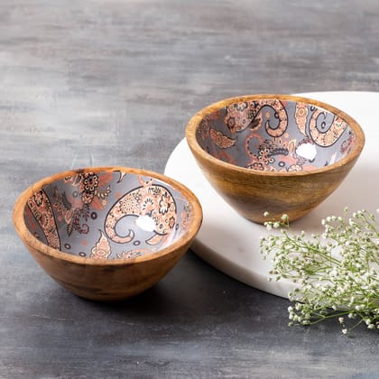 Allure Paisley Mango Wood Bowl Grey Set of 2