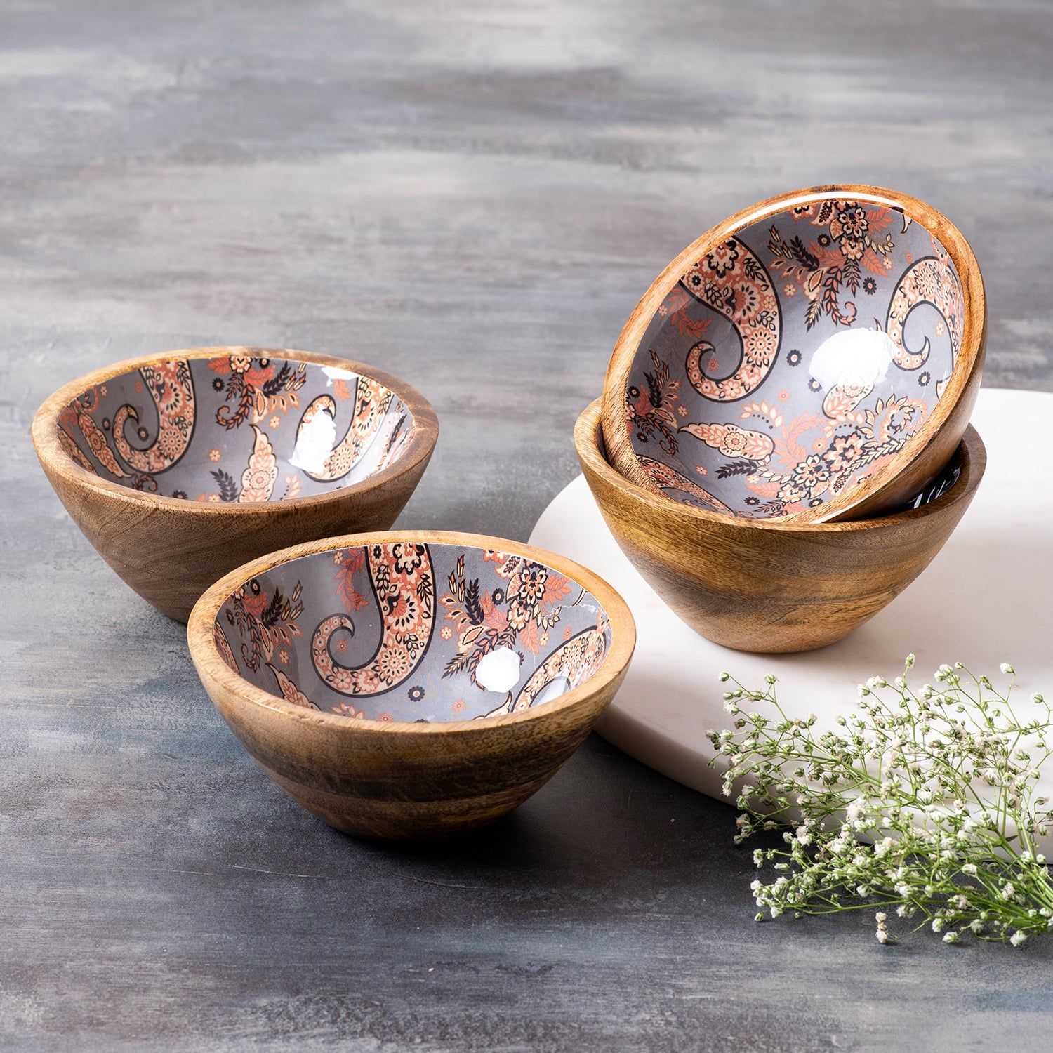 Allure Paisley Mango Wood Bowl Grey Set of 4