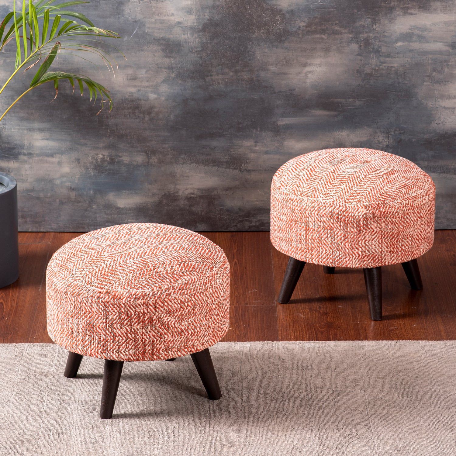 Slub Jacquard Wooden Ottoman in Orange Color Set of 2