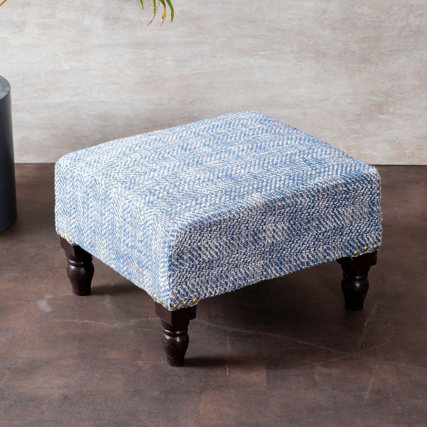 Slub Jacquard Wooden Foot Stool in Blue Color