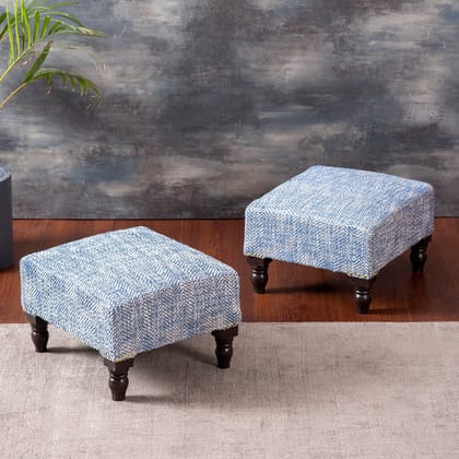 Slub Jacquard Wooden Foot Stool in Blue Color Set of 2