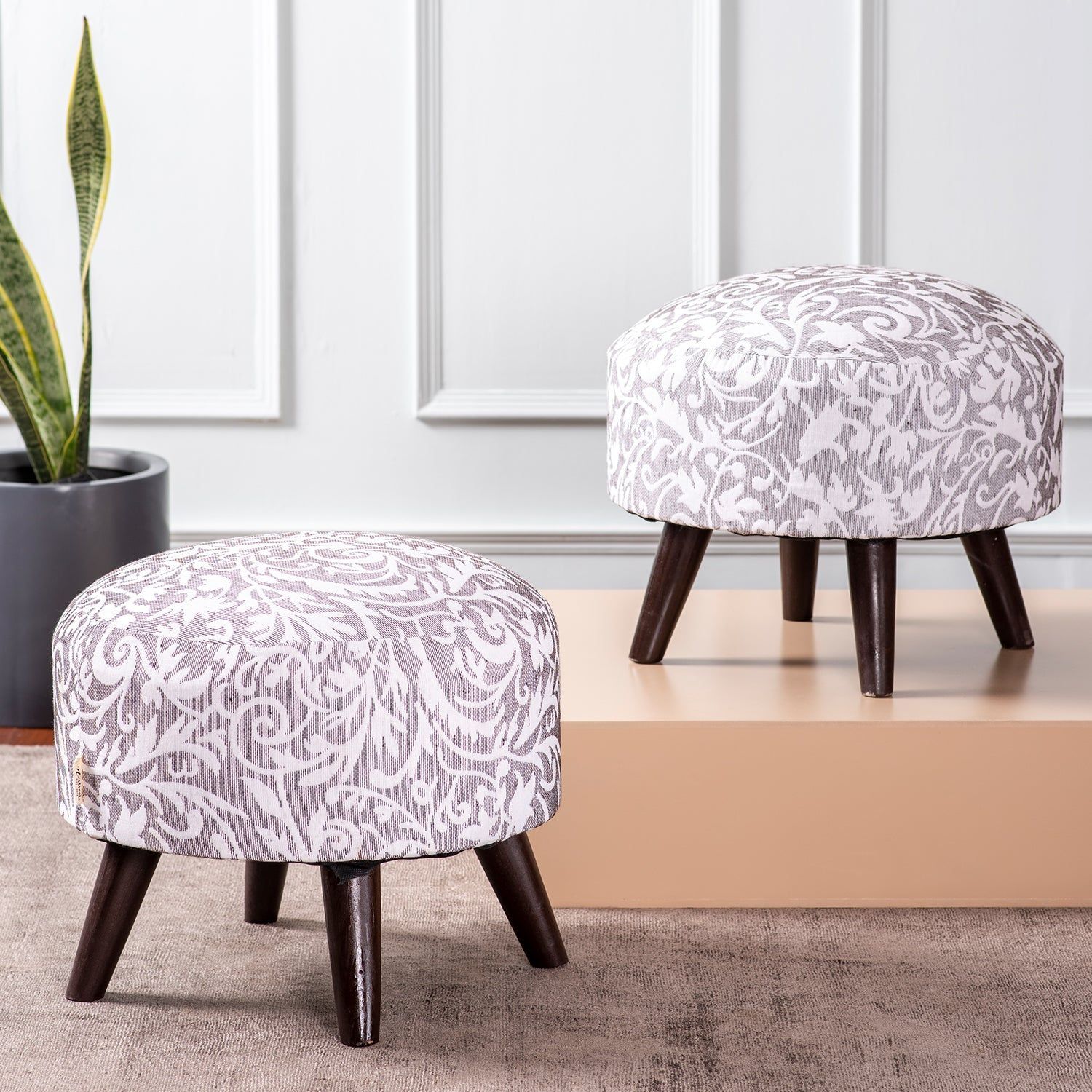 Hues Jacquard Wooden Ottoman in Grey Color Set of 2