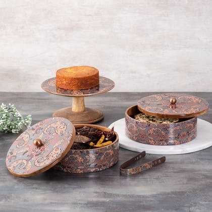 Grey Enamel Print Masala, Roti Box & Cake stand Set