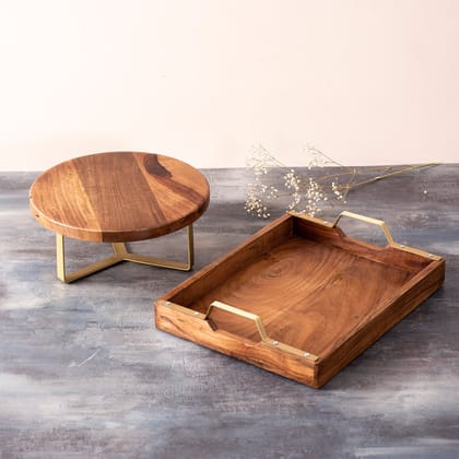 Teak Wood Cake Stand & Tray