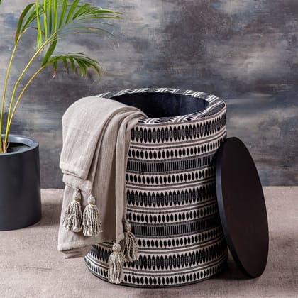 Bohemian Jacquard Wooden Storage Ottoman in Black & White