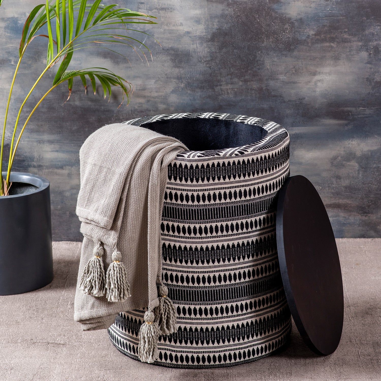 Bohemian Jacquard Wooden Storage Ottoman in Black & White