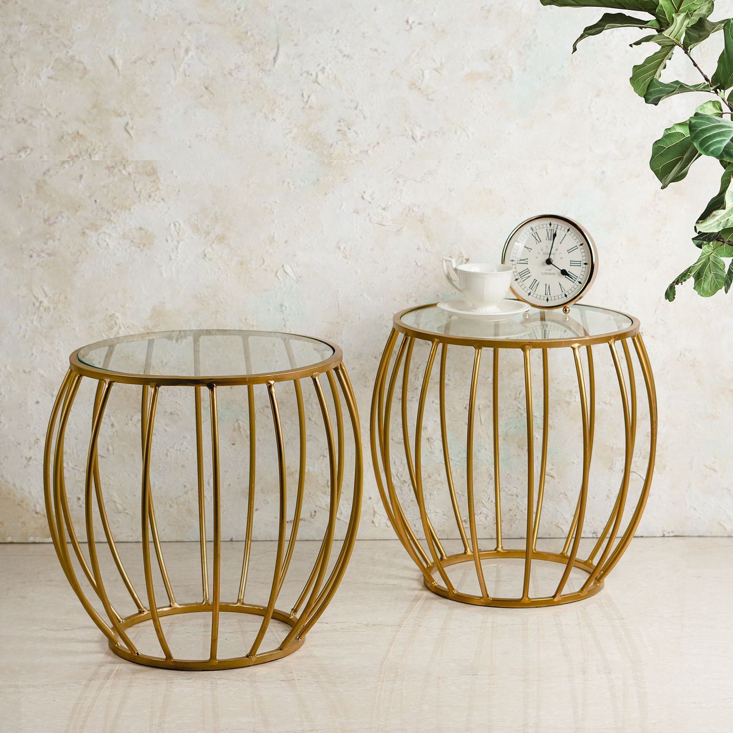 Contemporary Metallic Cage End Table in Gold Color Set of 2