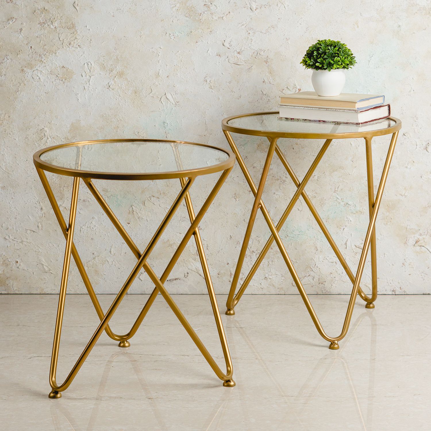 Contemporary Metallic Cross End Table in Gold Color Set of 2