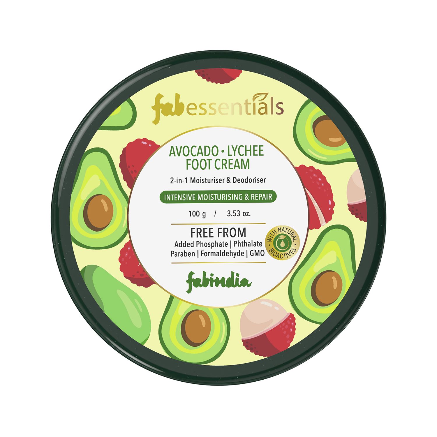 Fabessentials Avacado Lychee Foot Cream | enriched with Shea Butter & Jojoba Oil | 2-in-1 Moisturiser & Deodoriser | for Intensive Foot Moistursing & Repair - 100 gm