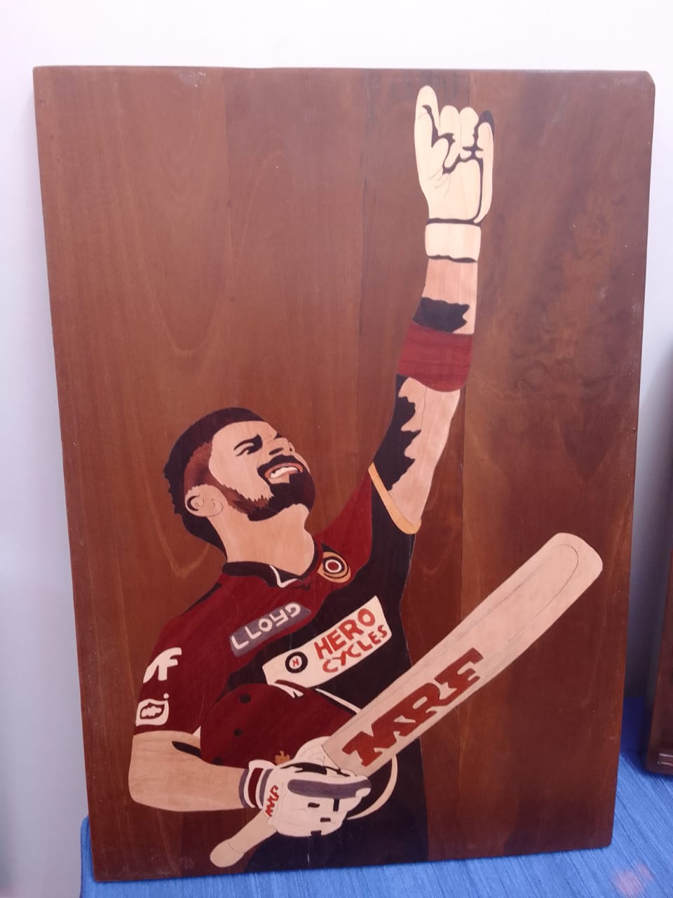 Portrait of Virat Kohli made in Wood Inlay