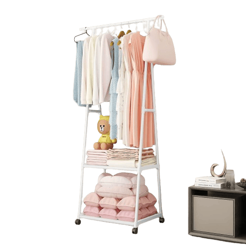 A Shape Garment Rack Metal Coat Hanging Rack with 2 Bottom Shelves