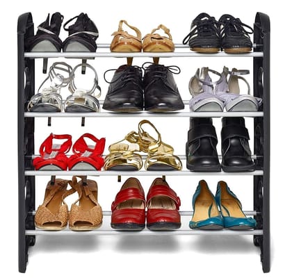 Easy to Assemble 4 Shelves, 12 Pair Metal & Plastic Shoe Rack, Black