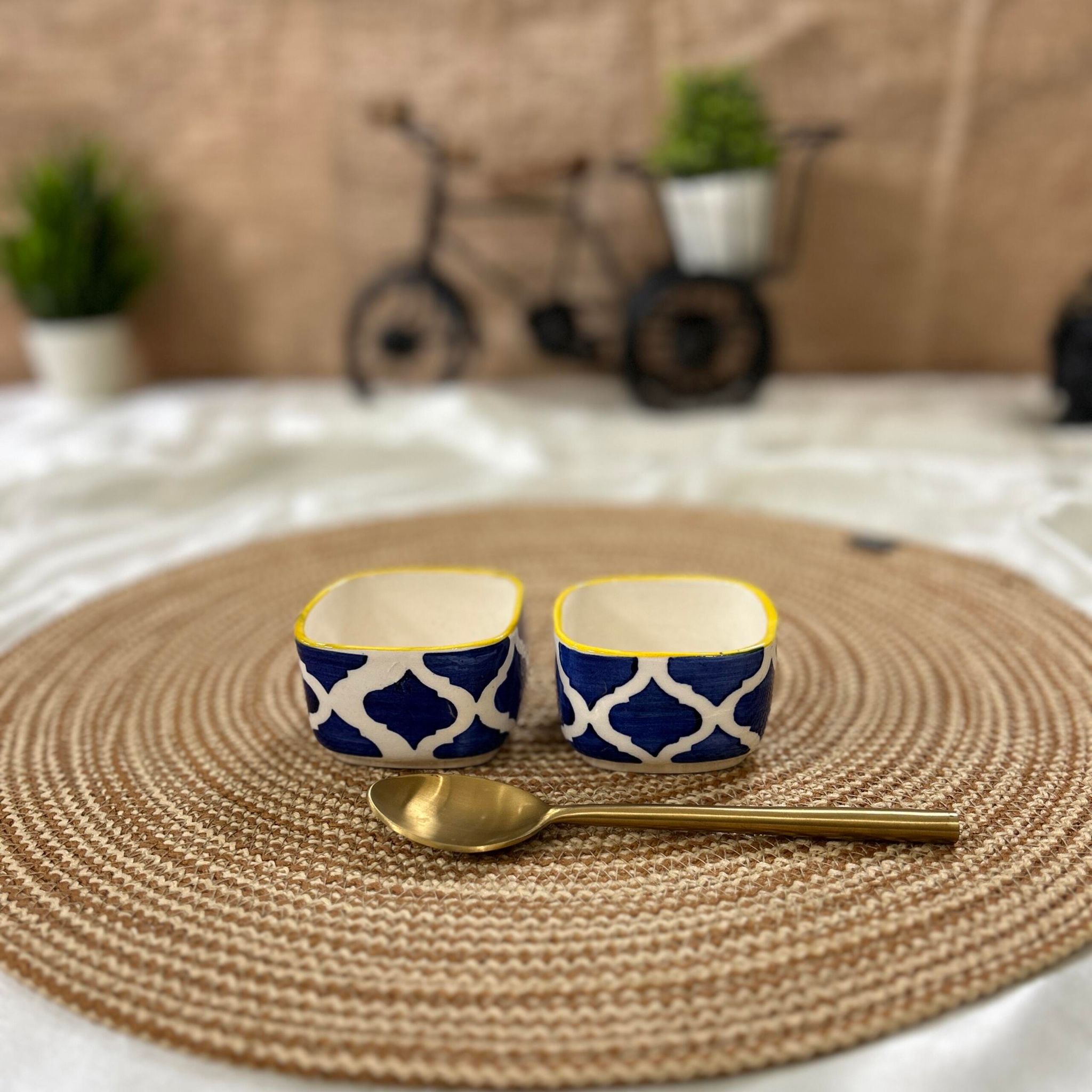 Ceramic Dining Yellow Blue Moroccan Sqaure Ceramic 50ml Dip Bowls Set of 2