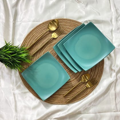 Ceramic Dining Matte Eurasian Teal Green Square Ceramic Quarter Plates- Set of 4