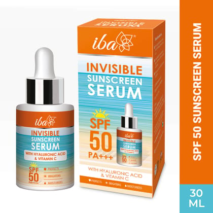 Iba Invisible Sunscreen Serum SPF 50 PA+++ with Hyaluronic Acid & Vitamin C, 30ml | Protects From UVA & UVB Rays | Brightens & Moisturizes| Lightweight | No White Cast | No Paraben | For All Skin Types