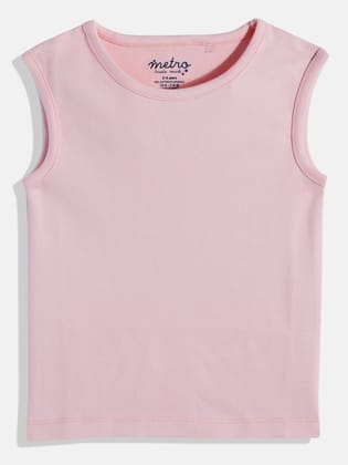 Girls Light Pink Pure Cotton Solid Vest T Shirt