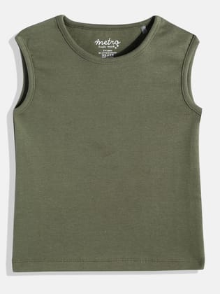 Girls Light Green Pure Cotton Solid Vest T Shirt