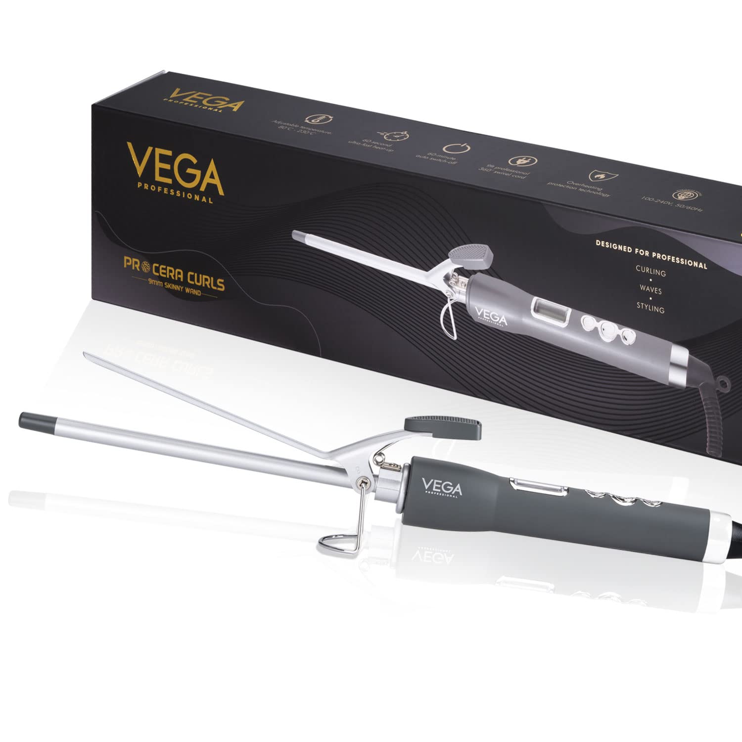 VEGA Professional Pro Cera Curls 9mm Barrel Skinny Hair Curler with Adjustable Temperature, (VPMCT -07)