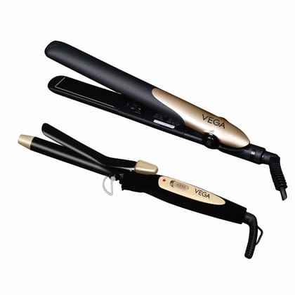 VEGA Miss Dazzle Styling Set, Hair Straightener With Ceramic Coated Plates & 19 Mm Barrel Hair Curler Combo (VHSS-02)