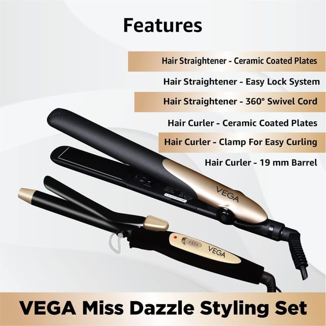 VEGA Miss Dazzle Styling Set Hair Straightener With Ceramic Coated Plates 19 Mm Barrel Hair Curler Combo VHSS 02