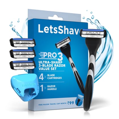 LetsShave Pro 3 Value Set Pro 3 Razor+ 4 Shaving Blade for Men with free travel Cap | 3 Stainless Steel Blades | Smooth Shave | Shave with less irritation | Hair Removal Razor