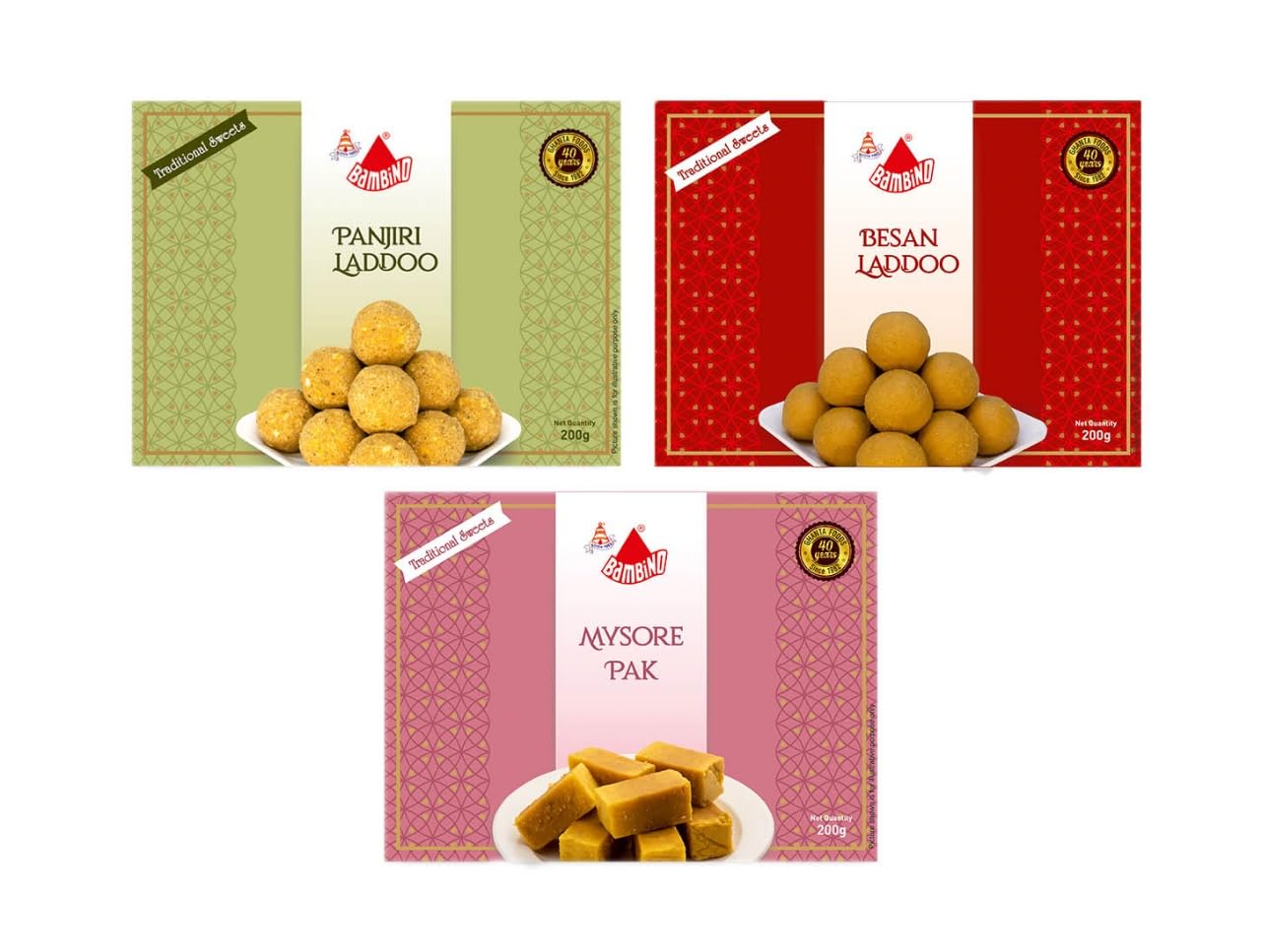 Bambino Assorted Combo Pack Besan Ladoo I Panjiri Ladoo I Mysorepak Each 200 Gms X Pack of 3