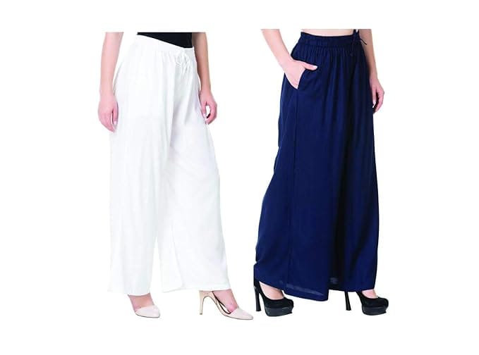 Women's Rayon Solid Soft Palazzo Pants Trousers (Save Pack of 2, White_Blue)