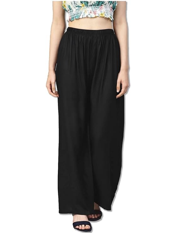 Women's Rayon Solid Soft Black Palazzo Pants Trousers