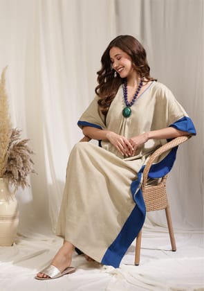 Beige Cotton Kaftan with Gathers and Contrast Royal Blue Borders