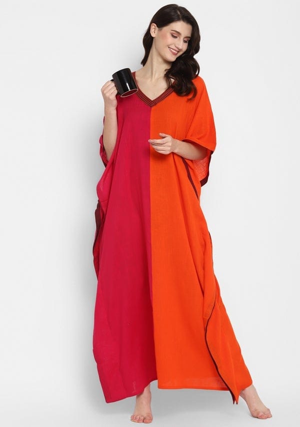 Fuchsia Orange V-Neck Cotton Kaftan with Contrast Stitch Lines