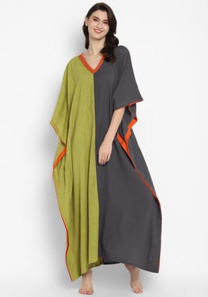 Olive Green Grey V-Neck Cotton Kaftan with Contrast Stitch Lines